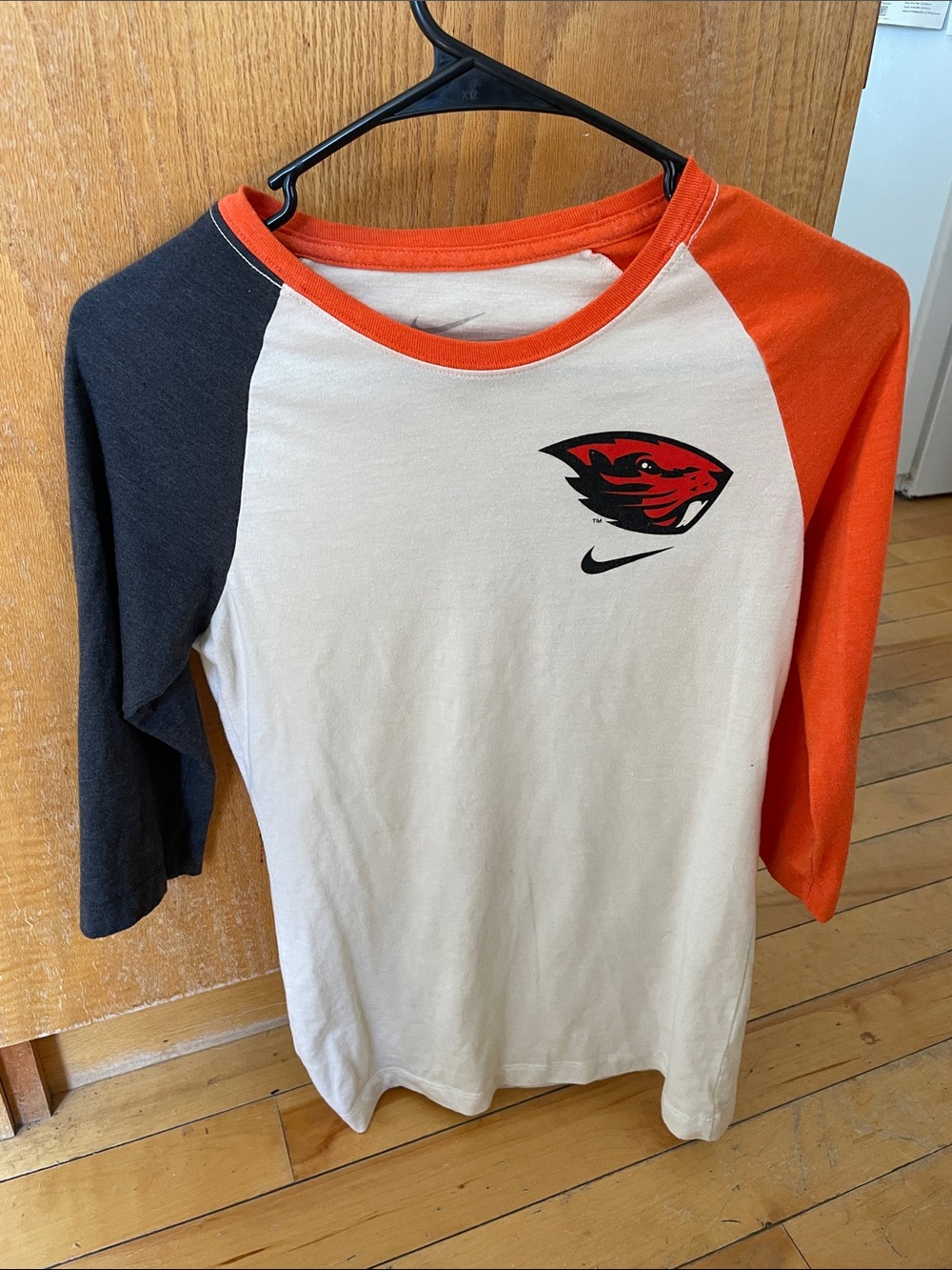 Nike Kids Orange, Black & White Raglan Tee with Mascot and Swoosh
